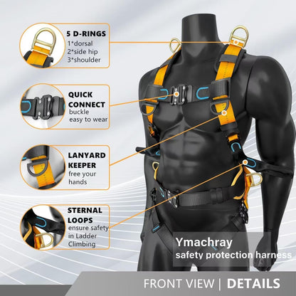 Fall Protection Full Body Safety Harness, 6” Thick Back Support Belt,5 Heavy Duty D-rings, Quick Release (OSHA/ANSI)