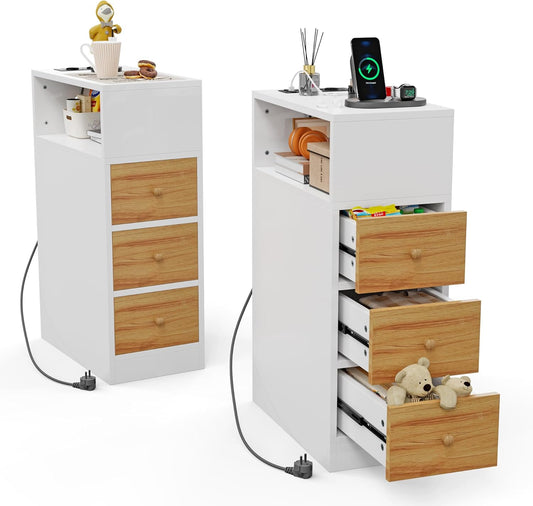 Set of 2 Narrow Bedside Table with USB Sockets and Ports, Bedside Table with Day Compartments and Drawer, Space-Saving Night Table for Bedroom Living Room, 45 x 25 x 70 cm, Narrow Bedside Tables in
