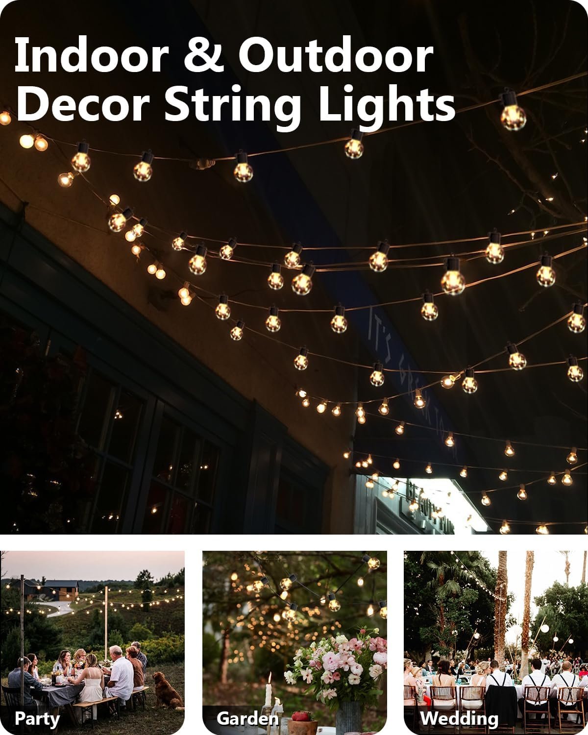 50FT Smart LED Outdoor String Lights – Dimmable G40 Globe LEDs Patio Lights Plug in with 25 LED Bulbs, Waterproof Hanging Light Connectable up to 100FT– Backyard Porch Balcony Party Decor