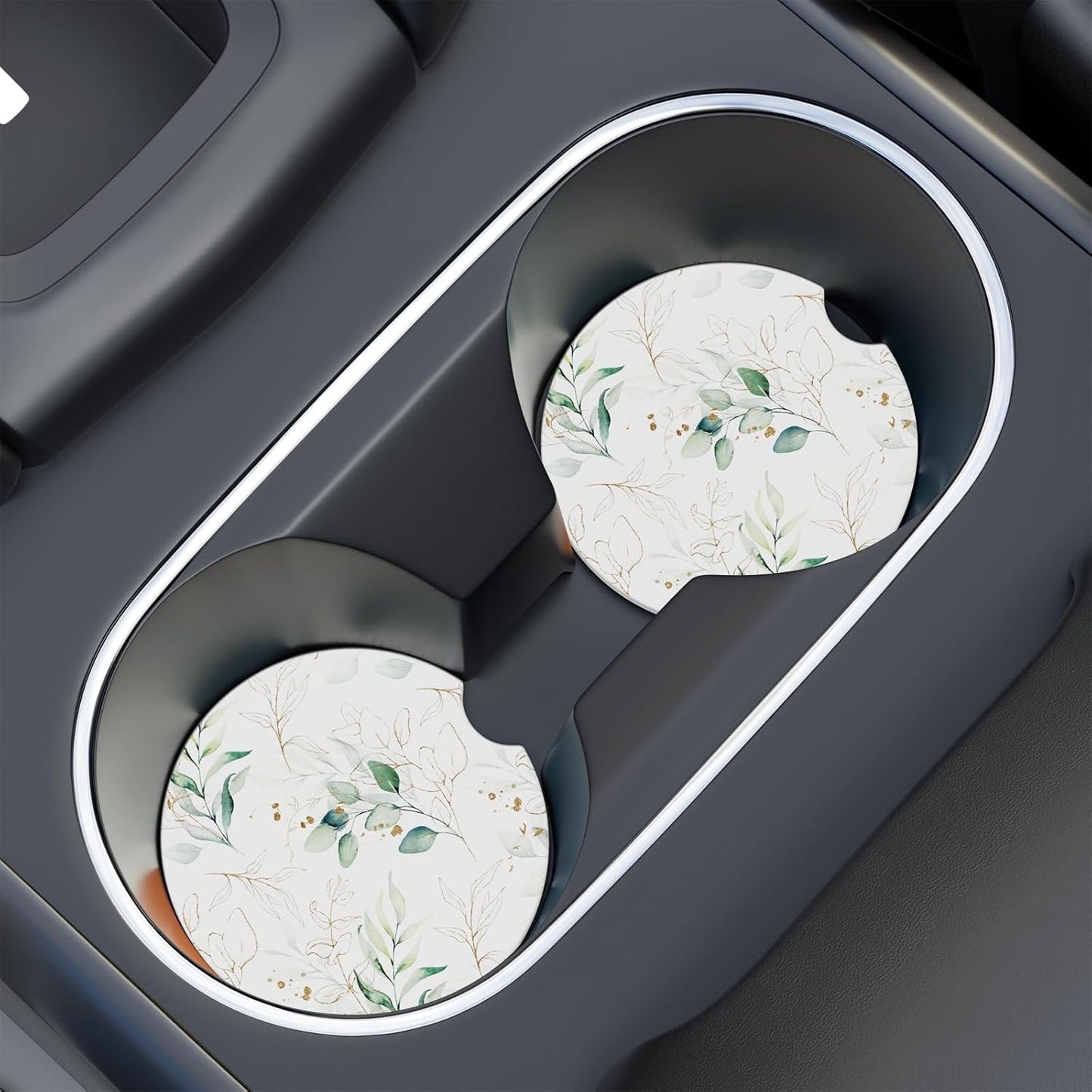 Car Cup Holder Coaster, Car Coasters for Cup Holders, 2 Pack Universal Anti Slip Insert Absorbent Ceramic Car Coaster with A Finger Notch & Cork Base, Cute Car Interior Accessories for Women(Leaves)