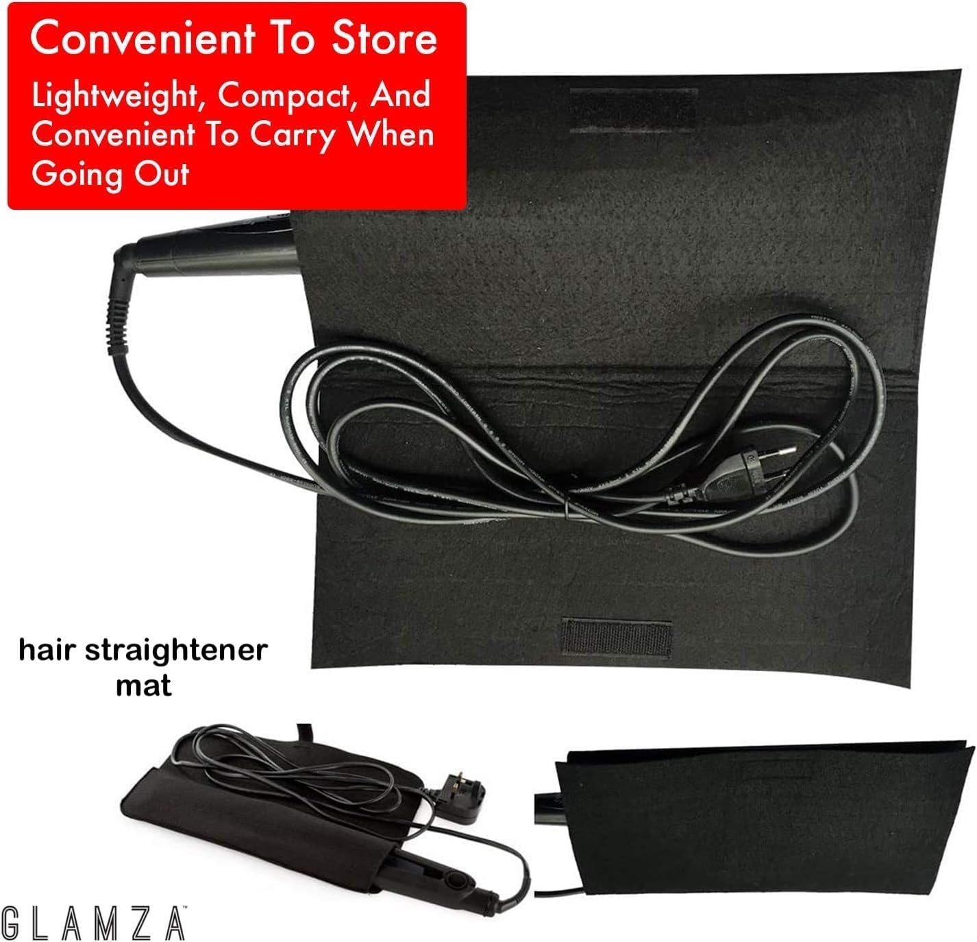 Glamza Hair Mat with Storage Bag Made of Heat Resistant Safety Felt - Ideal for Home and Travel - Black