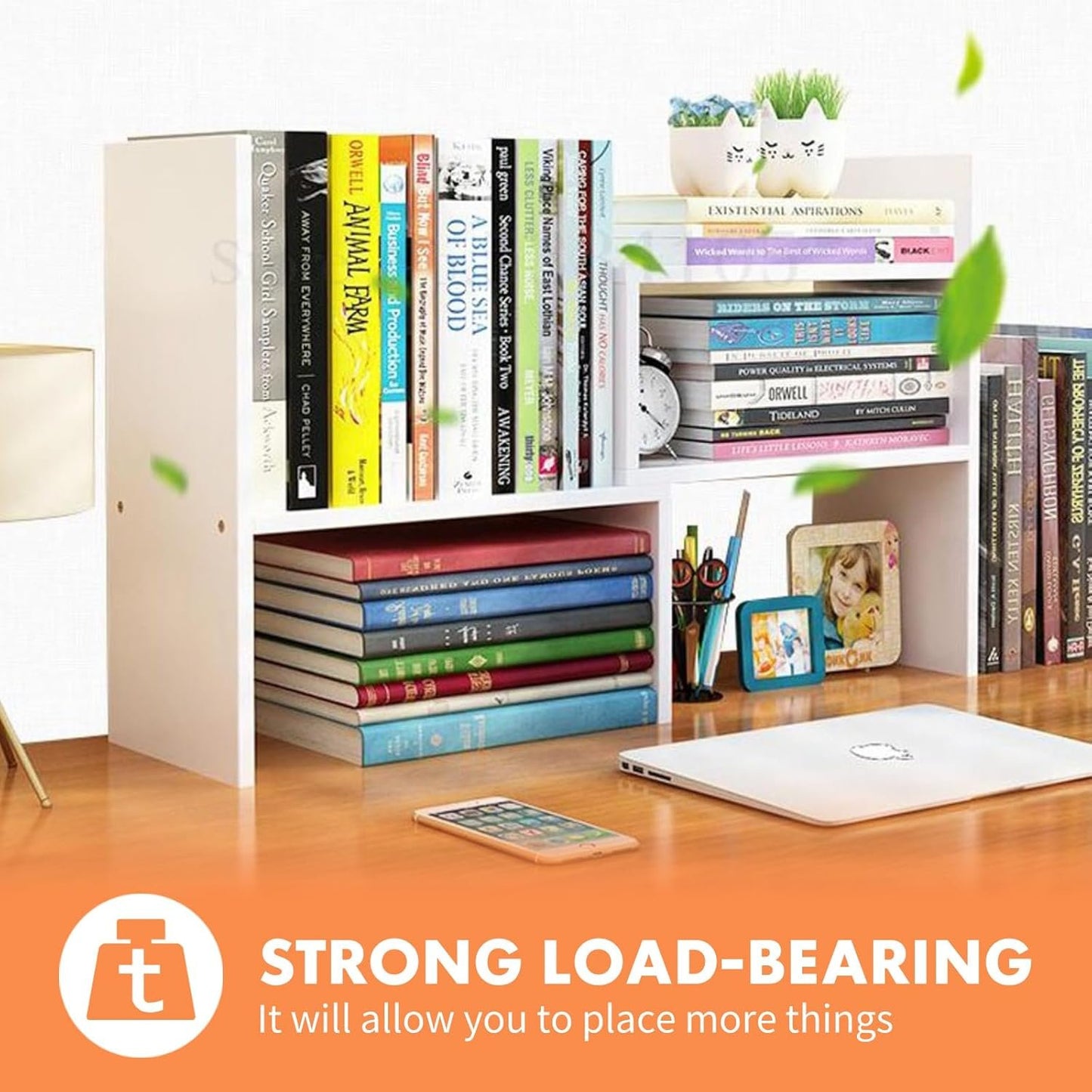 Wood Desktop Organizer, Adjustable Display Shelf Rack for Home Office Desktop Storage Supplies Organization (White)