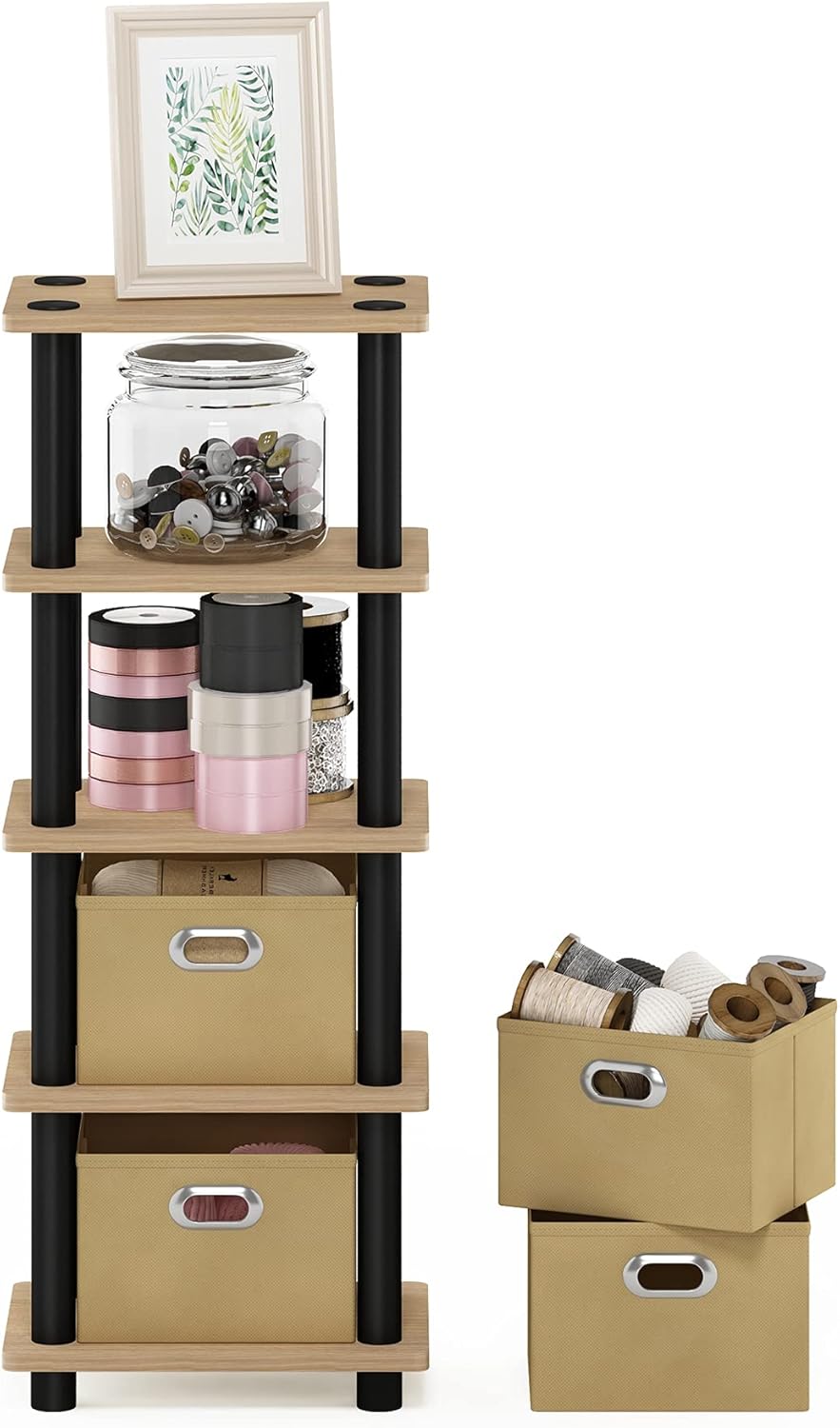 FURINNO LAci 4-Bins System Rack, Oak/Black/Light Brown