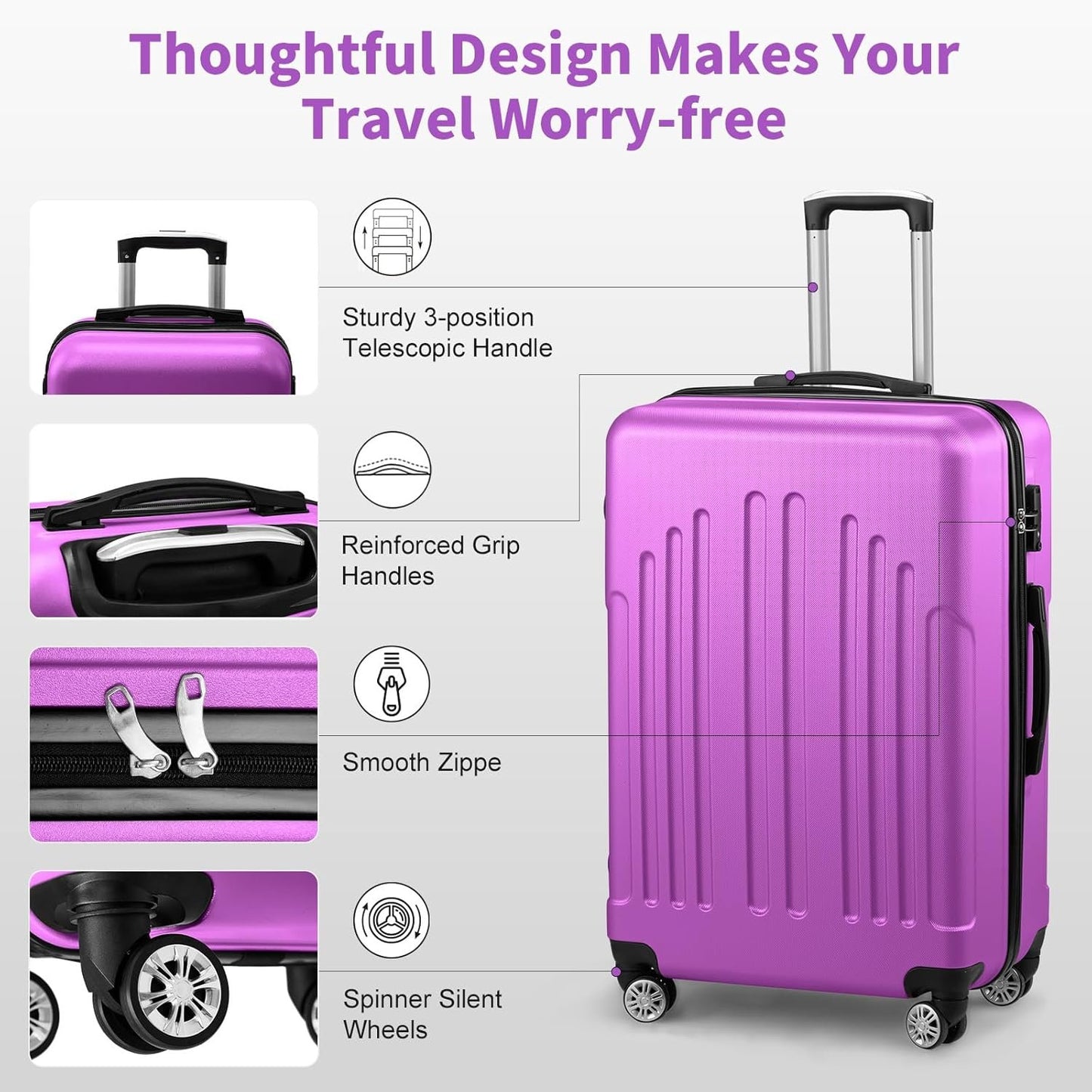 Karl home Luggage Sets 3 Piece, PC+ABS Durable Hardside Suitcase with Double Spinner Wheels TSA Lock, Carry on Luggages for Travel Business - Purple, 20/24/28