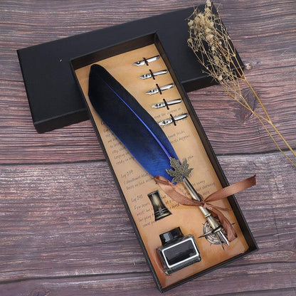 Feather Quill Pen Set, Retro English Calligraphy Dip Pen With 5 Alloy Nibs Antique Set Luxury Vintage Signature Lightweight Writing Ink Stationery Gift Box for Friend Teacher Family(Blue)