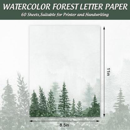 Generic AnyDesign 60 Sheet Forest Stationery Letterhead Paper Watercolor Forest Writing Paper Greeting Paper for Party Invitations School Printing, 8.5 x 11 Inch