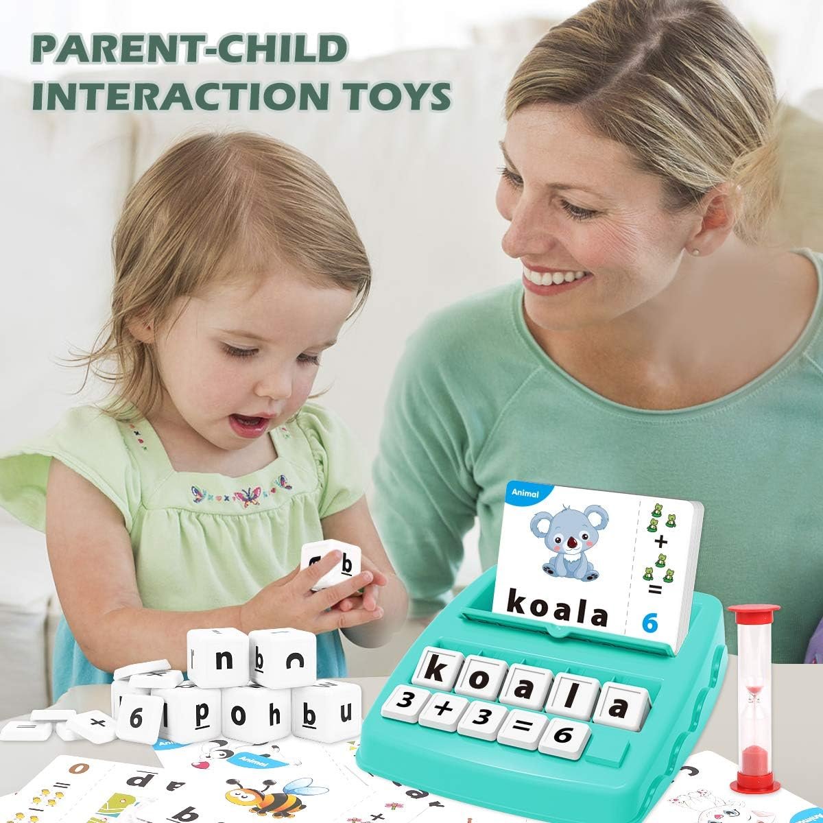 KaeKid Kids Learning Toys for 3 4 5 6 7 8 Year Olds, Matching Letter Spelling Games with 32 Flash Cards, Math Learning Preschool Educational Game, Birthday Boys Girls (Green)