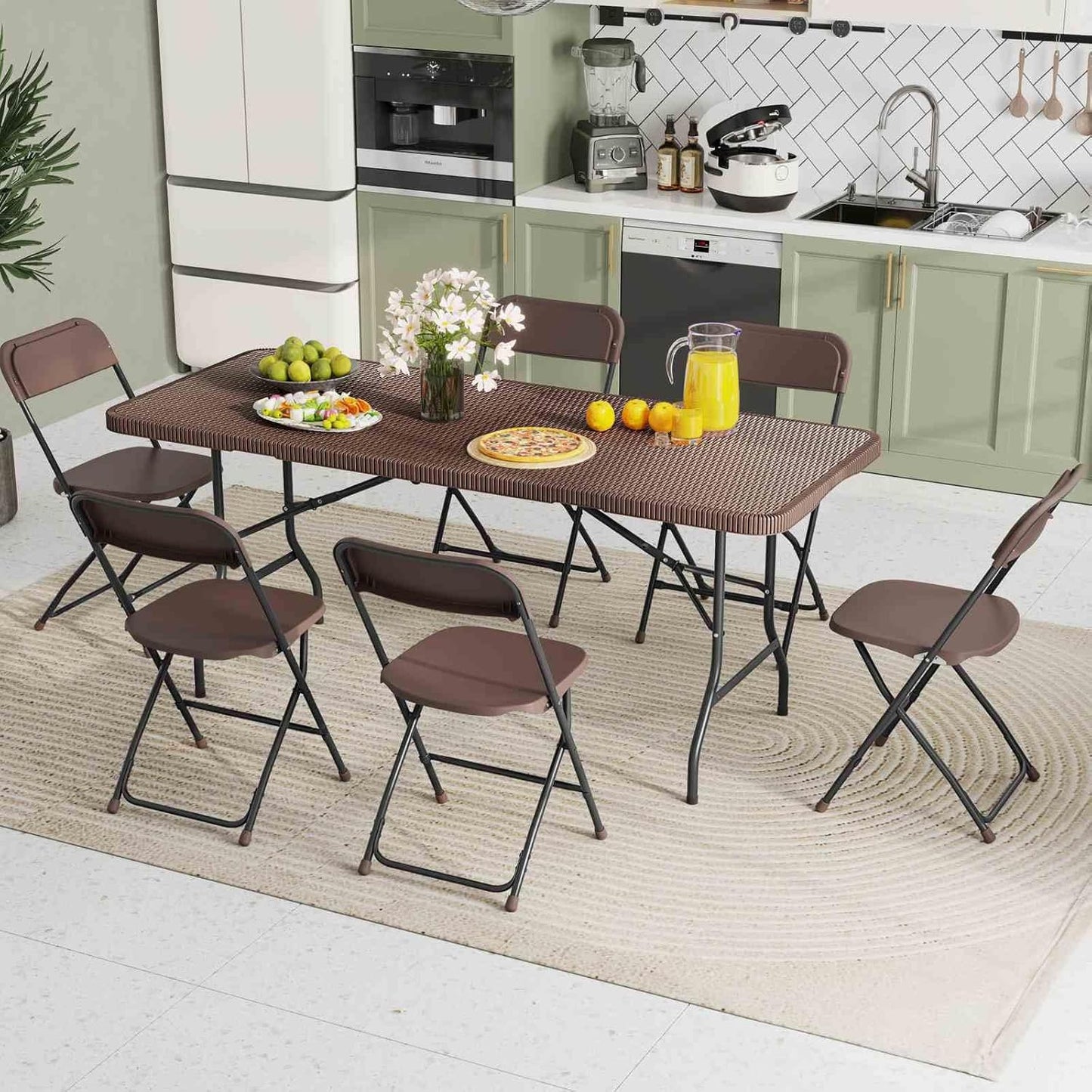 Costway 180cm Outdoor Portable Folding Table, 160kg Fold-in-Half Table w/HDPE Rattan-Like Tabletop, Safe Lock Mechanism, Patio Folding Dining Table w/Carrying Handle for Party, Picnic, Camping
