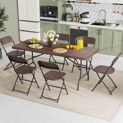 Costway 180cm Outdoor Portable Folding Table, 160kg Fold-in-Half Table w/HDPE Rattan-Like Tabletop, Safe Lock Mechanism, Patio Folding Dining Table w/Carrying Handle for Party, Picnic, Camping