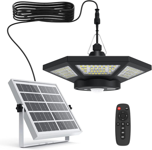 Solar Shed Lights Indoor, ICOFRU Solar Powered Motion Sensor Light 5 Lighting Modes, Solar Pendant Light Outdoor with Remote Control Waterproof for Shed Gazebo Chicken Coop Barn Home Exterior Interior