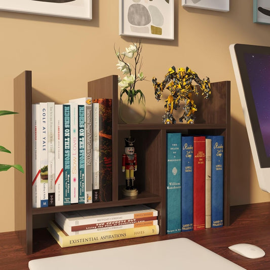 Jaycomey Desktop Organizer Office Storage Rack Adjustable Wood Display Shelf Counter Top Bookcase Dark Walnut