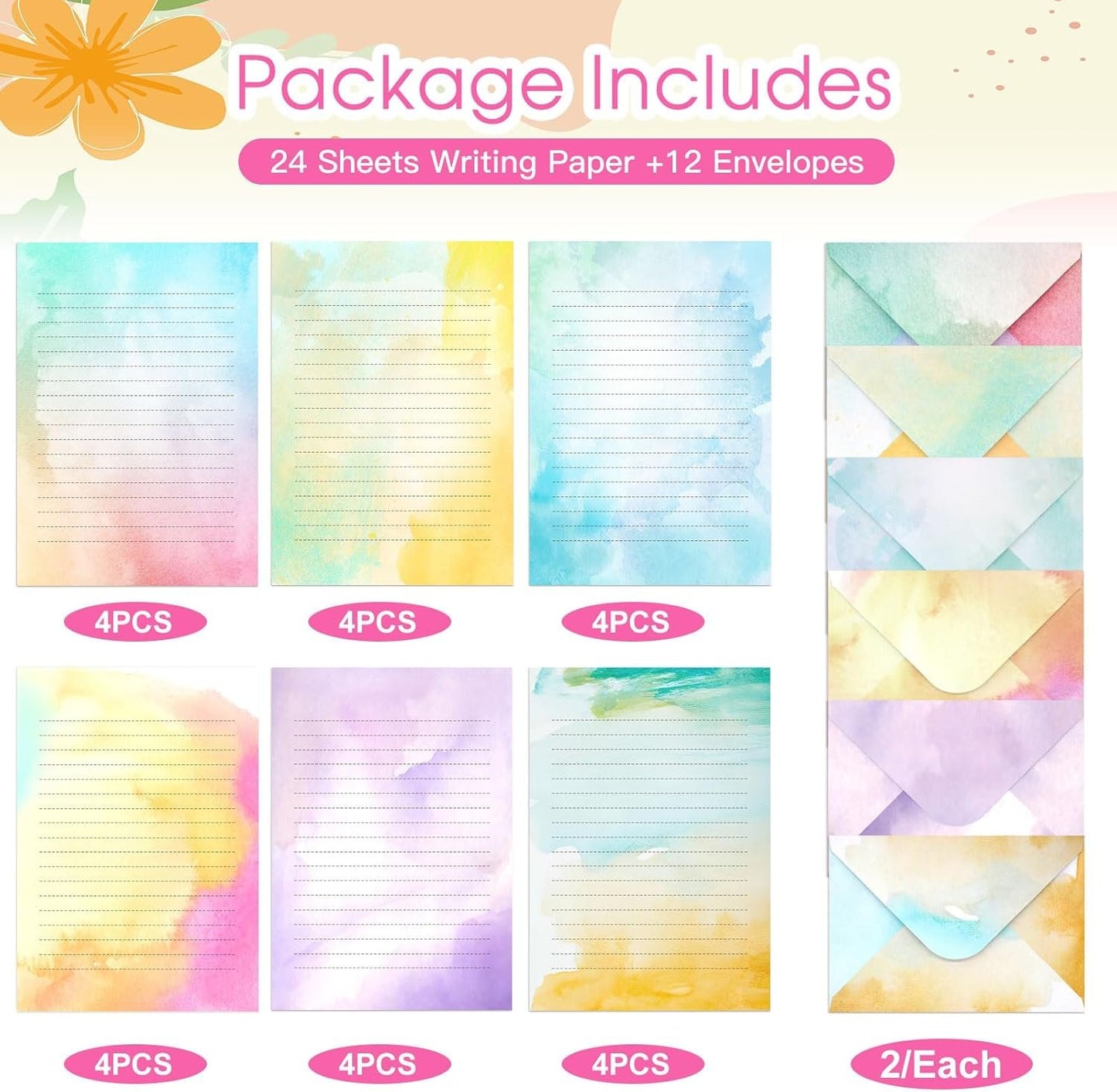 Watercolor Stationary Paper and Envelopes Set, 24 PCS Colorful Writing Stationery Paper with 12 PCS Envelopes,Pretty Watercolor Styles Stationery Printed Design for Love Letter, Party Invitations