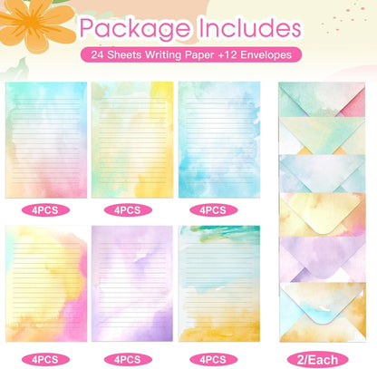 Watercolor Stationary Paper and Envelopes Set, 24 PCS Colorful Writing Stationery Paper with 12 PCS Envelopes,Pretty Watercolor Styles Stationery Printed Design for Love Letter, Party Invitations