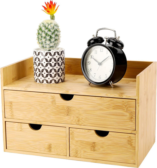 Charmewooden Bamboo Desk Organizer 3 Drawer with Shelf, Countertop Organizer with Drawers Makeup Storage Drawer 3 Drawers Tabletop Storage Organization Box Home Office Workspace