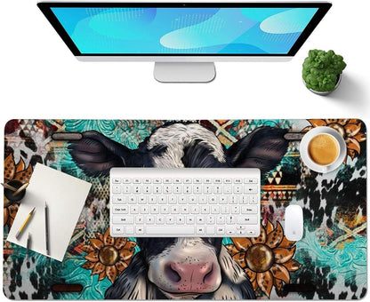 Cow Sunflowers Large Mouse Pad, PU Leather Desk Pad Protector, Non-Slip Computer Desk Writing Mat, Gaming Keyboard Mouse Pad, Office Desk Accessories