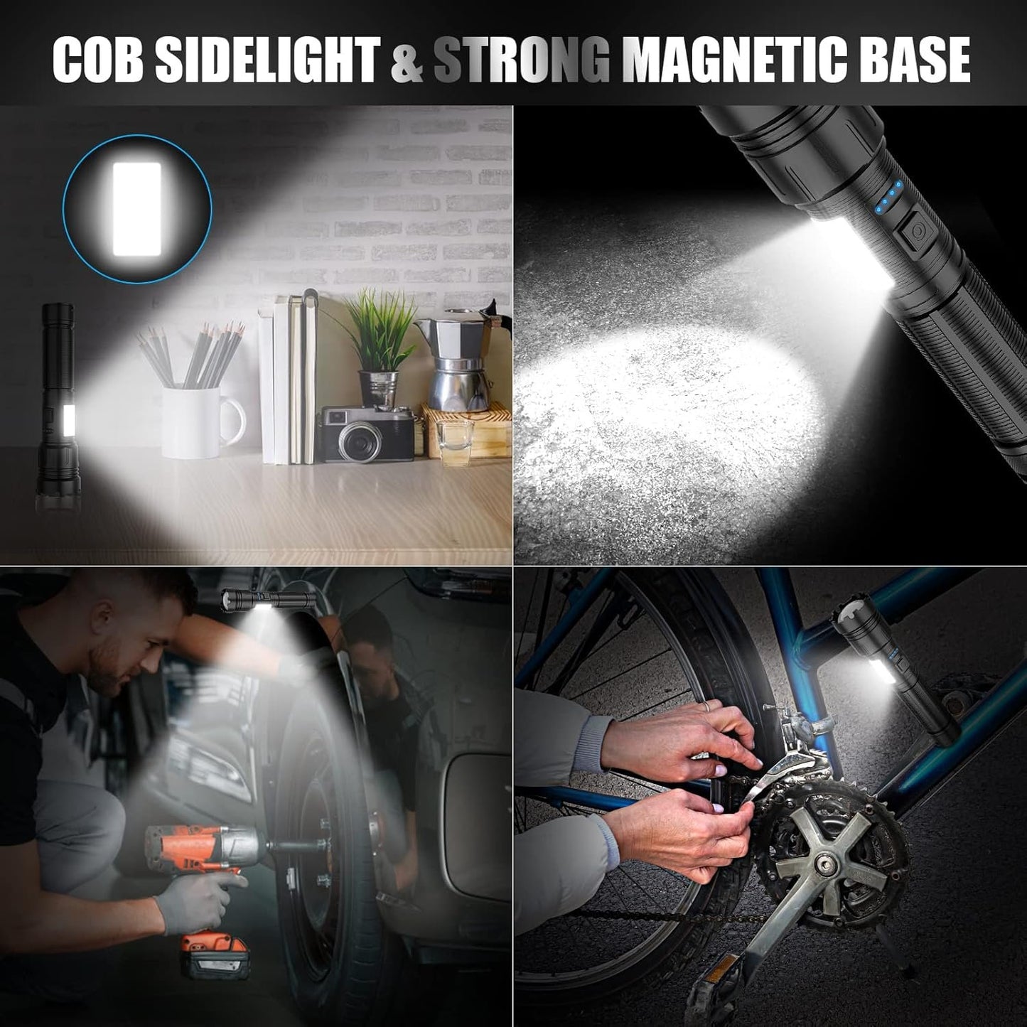 Magnetic Flashlight Rechargeable High Lumens, Super Bright LED Pocket Flash Light with COB Sidelight, Type-C, 7 Modes, Zoomable, IPX6 Waterproof Tactical Flashlights for Camping