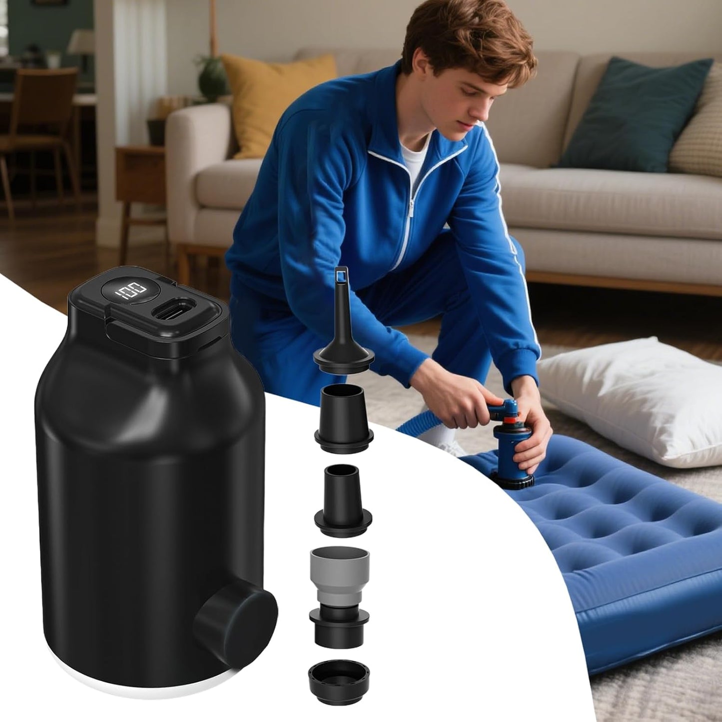 Air Pump, Electric LED Inflator, Portable Five-Nozzle Design, Compact Lightweight Build, Portable Blower for Sleeping Bags, Swimming Gear, Travel, Camping Use, 2.05x3.74 Inches