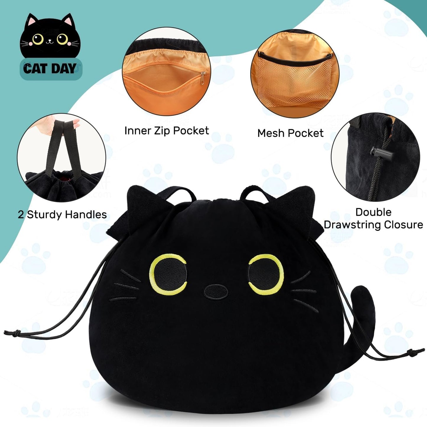 Funny Cat Drawstring Makeup Bag - Large Capacity Cute Travel Toiletry Tote Cosmetic Bag Pouch Organizer - Mothers Day Easter Birthday Christmas Unique Gag Gifts for Women Girls Cat Lovers-Black