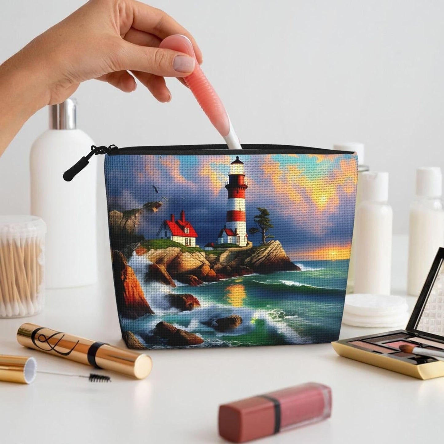 Lighthouse Diamond Painting Versatile Travel Makeup Bag Travel Pouch con cerniera Accessori Organizer, Nero , Taglia unica, Beauty case