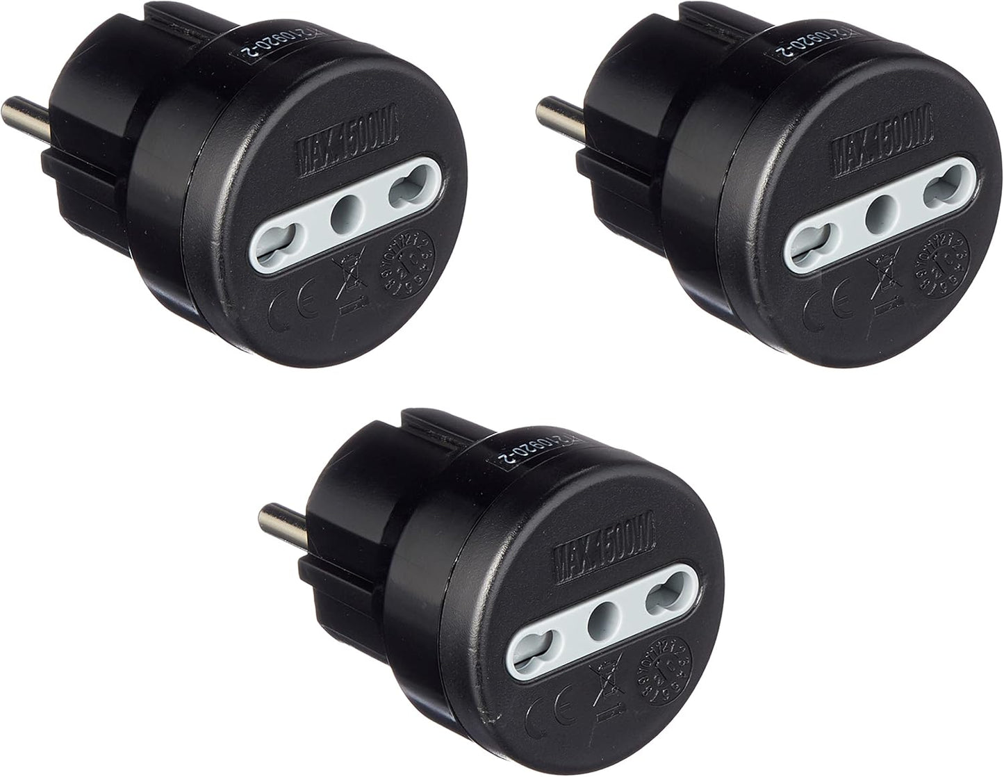 Electraline 92381 Adaptor Socket 10/16 A, Schuko Plug Adapted for Travel to Germany, Spain, Portugal, Austria, Greece, Turkey, Black, Pack of 3