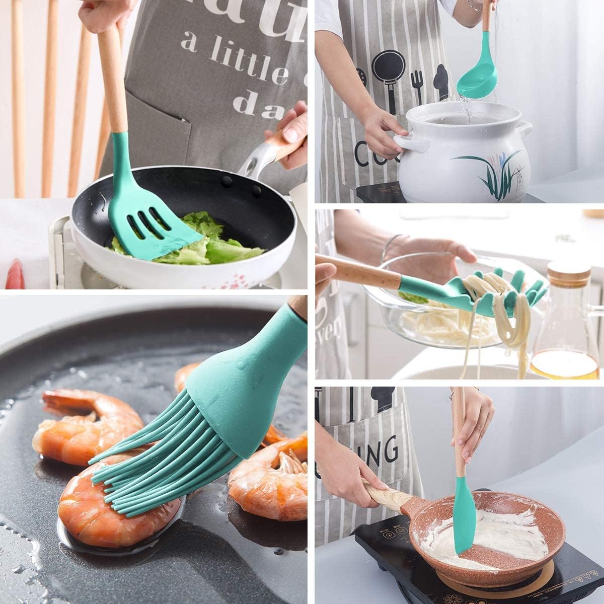 Silicone Cooking Utensils Set, 12 PCS Wooden Spoons for Cooking, Tongs Spatula Spoon for Nonstick Cookware - Best Kitchen Tools Gadgets (Green)