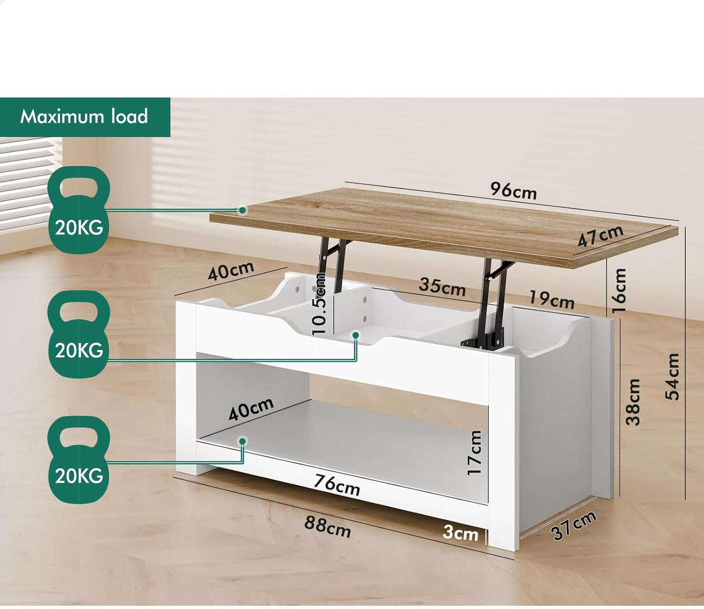 ALFORDSON Multifunctional Lift-Top Coffee Center Table Wood White Color, Dining Table for Living Room, Office, Reception & Dining, Featuring Rising Tabletop Surface, Hidden Compartment & Open Shelf