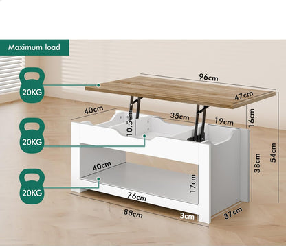 ALFORDSON Multifunctional Lift-Top Coffee Center Table Wood White Color, Dining Table for Living Room, Office, Reception & Dining, Featuring Rising Tabletop Surface, Hidden Compartment & Open Shelf