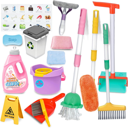 Detachable Kids Cleaning Toy Set - Broom, Mop, Dustpan, Brush, Rag Play, Housekeeping Kit, STEM Really Clean Toys Educational Toddler Pretend Play Toy Gift for Boys Girls-15PCS
