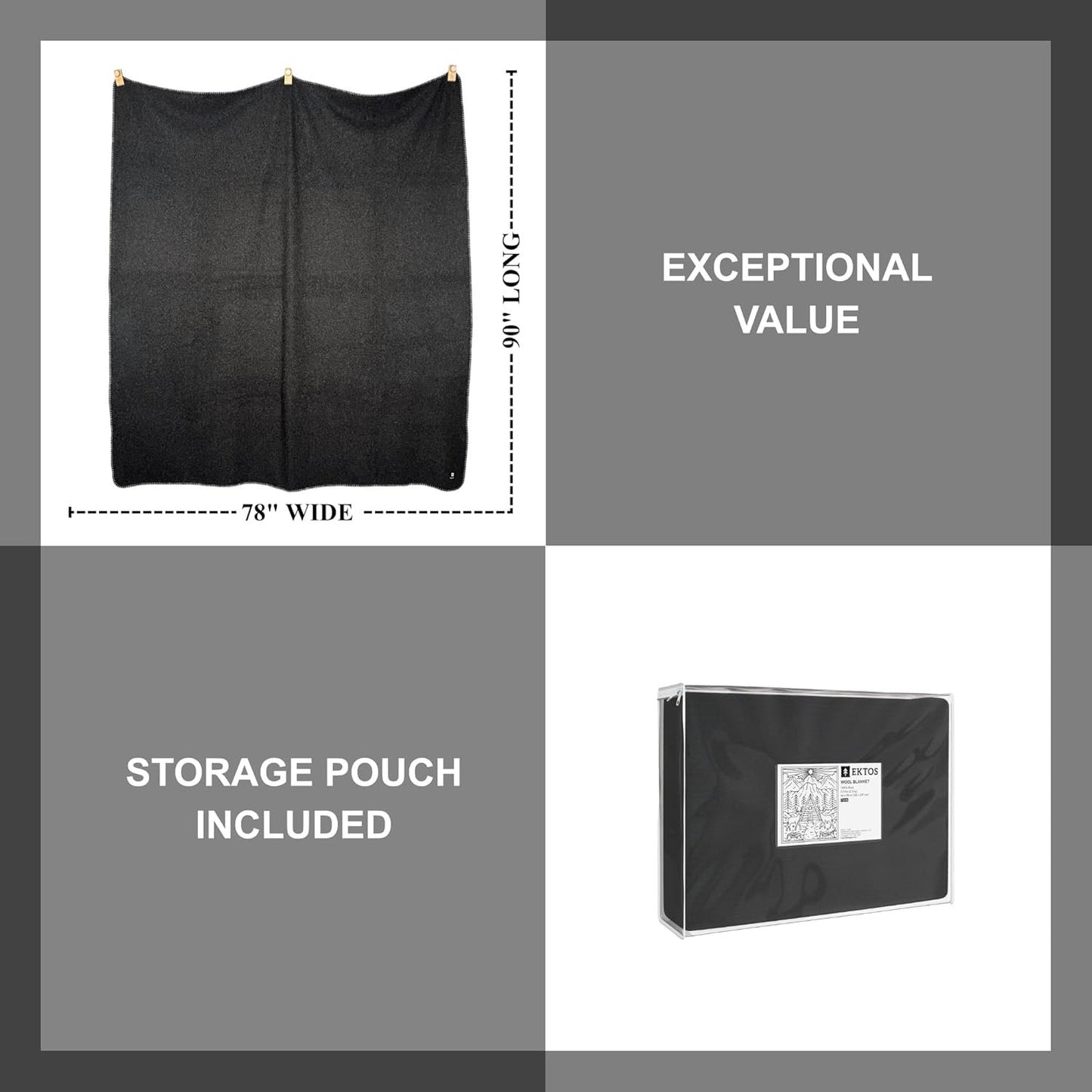 EKTOS 100% Virgin Wool Blankets, 90" x 78", Emergency Blanket for Car, Winter Camping (Charcoal, Full Size)