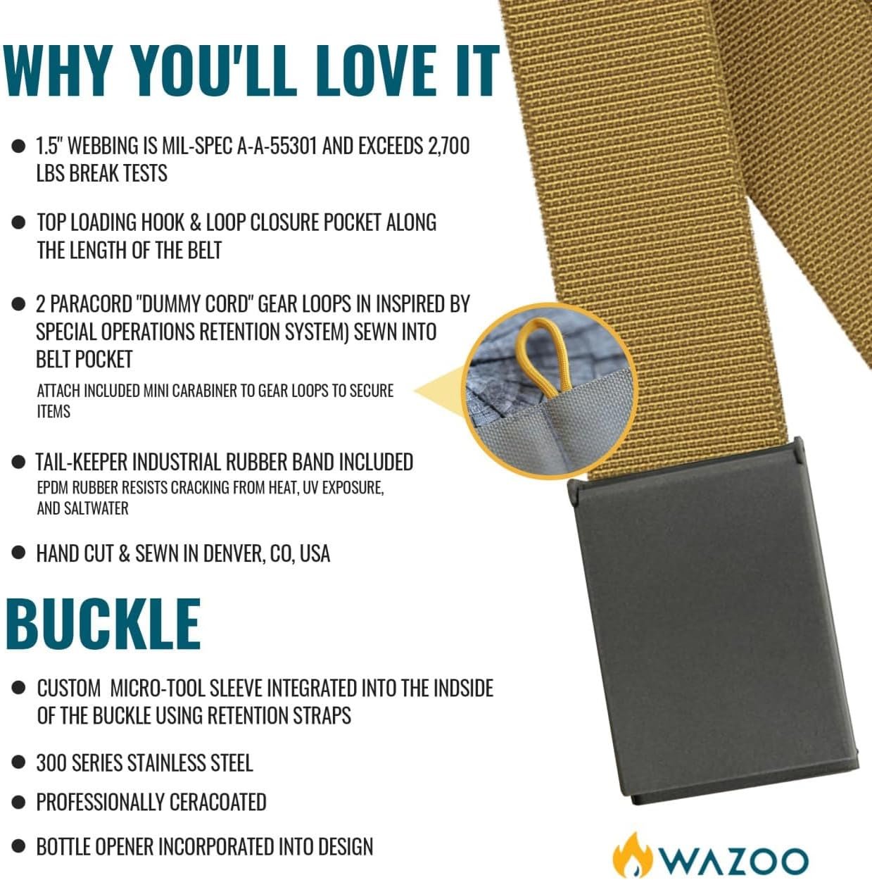 WAZOO Survival Gear Cache Belt, Anti-Theft Everyday Carry Belt for Travel and Outdoors - TSA Compliant, Stainless-Steel Buckle with Bottle Opener & Hidden Sleeve, Made in USA (Wolf Grey, Large)