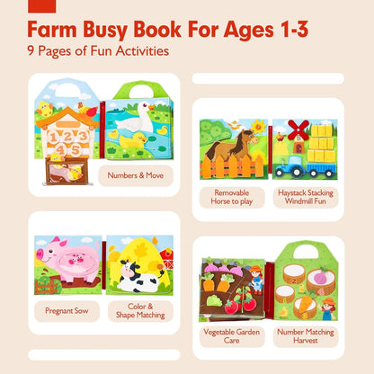 hahaland Montessori Busy Books for 1 Year Old, Farm Animals Busy Board for Toddlers 1-3 Montessori Toys 1 Year Old Boy Girl, Early Education, Independent Learning, Self-Exploration Travel Toys