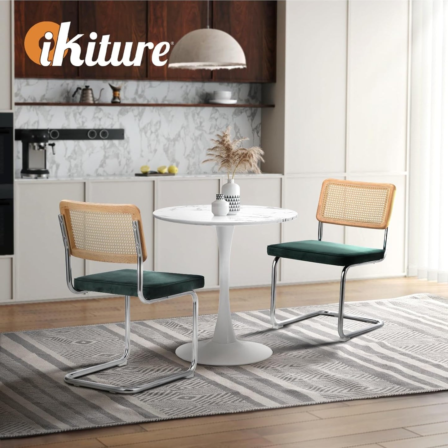 Oikiture 60cm Round Dining Table with 3PCS Dining Chairs Velvet White&Green
