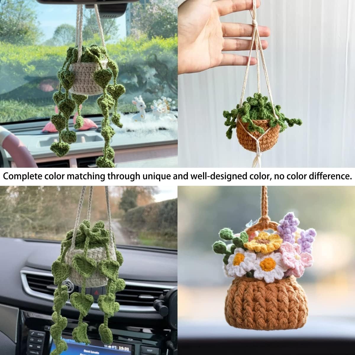 XINLIYA Crochet Cute Potted Plants, Hanging Handmade Knitted Decor for Women Men, Woven Cute Charms Ornament Pendant, Car Accessories Interior Aesthetic (Coffee/Green)