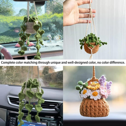 XINLIYA Crochet Cute Potted Plants, Hanging Handmade Knitted Decor for Women Men, Woven Cute Charms Ornament Pendant, Car Accessories Interior Aesthetic (Coffee/Green)