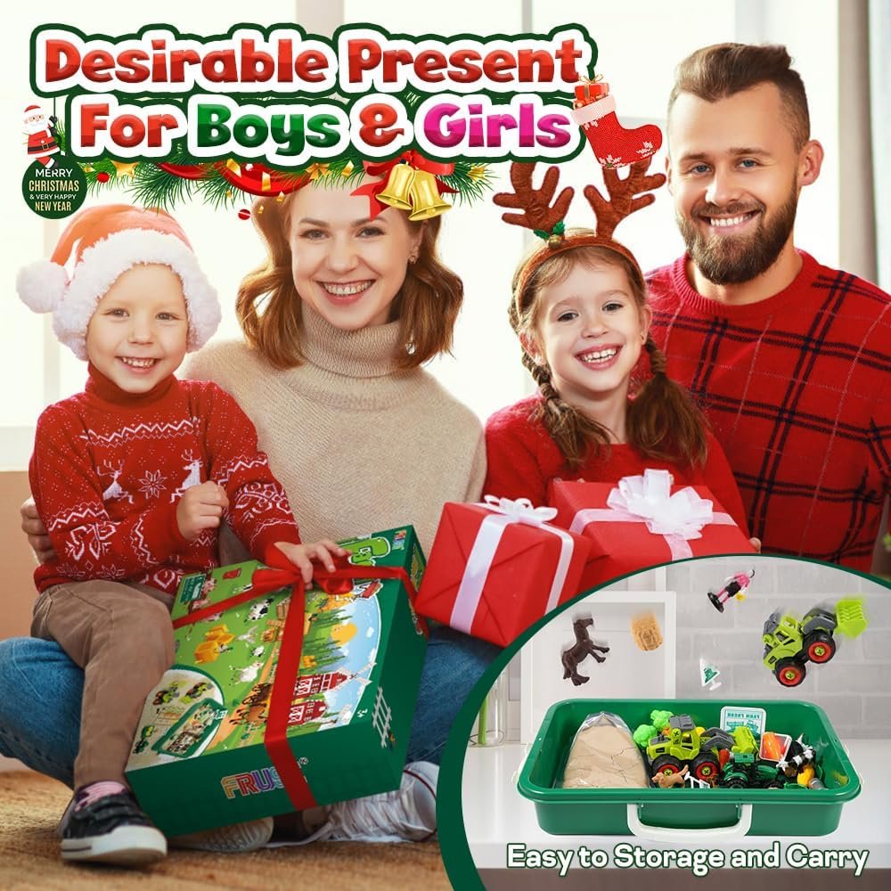 FRUSE Play Sand Farm Animal Toys,Sensory Bins for Toddlers with 1KG Sensory Play Sand,Farm Figures & Tractor Playset,Sandbox for Kids 3 4 5 6 7