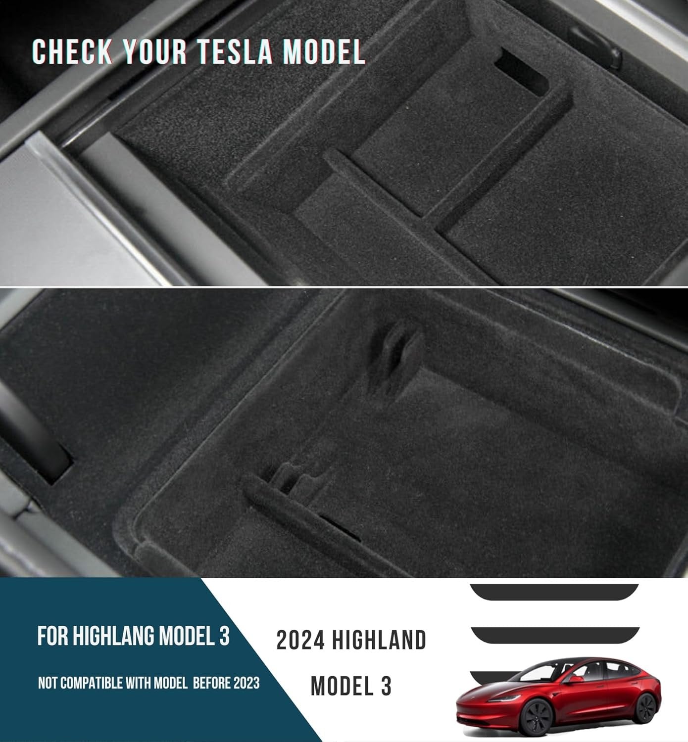 STARFLY Upgraded Center Console Organizer Tray for 2024 Refreshed Tesla Model 3 Highland Flocked Armrest Drawer Storage Box Interior Accessories