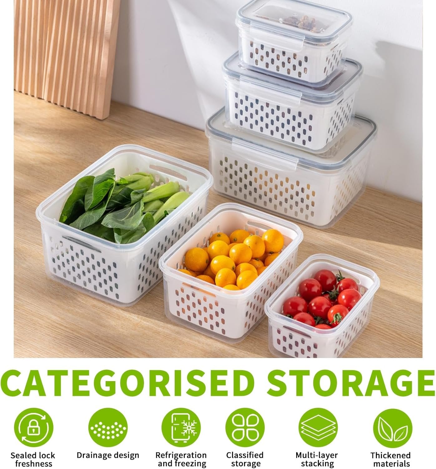 TFMODBFA 3 PCS Fruit Storage Containers for Fridge With Removable Colanders, Food-Grade Freezer-Sealed Fruit Containers for Fridge Keep Fruit Fresh for Long Periods of Time and Dishwasher Safe