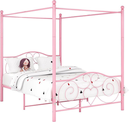 HAHRIR Canopy Bed Frame Platform Metal Bed Frame Heavy Duty Steel Slat and Support with Headboard and Footboard No Box Spring Required (Queen, Pink)