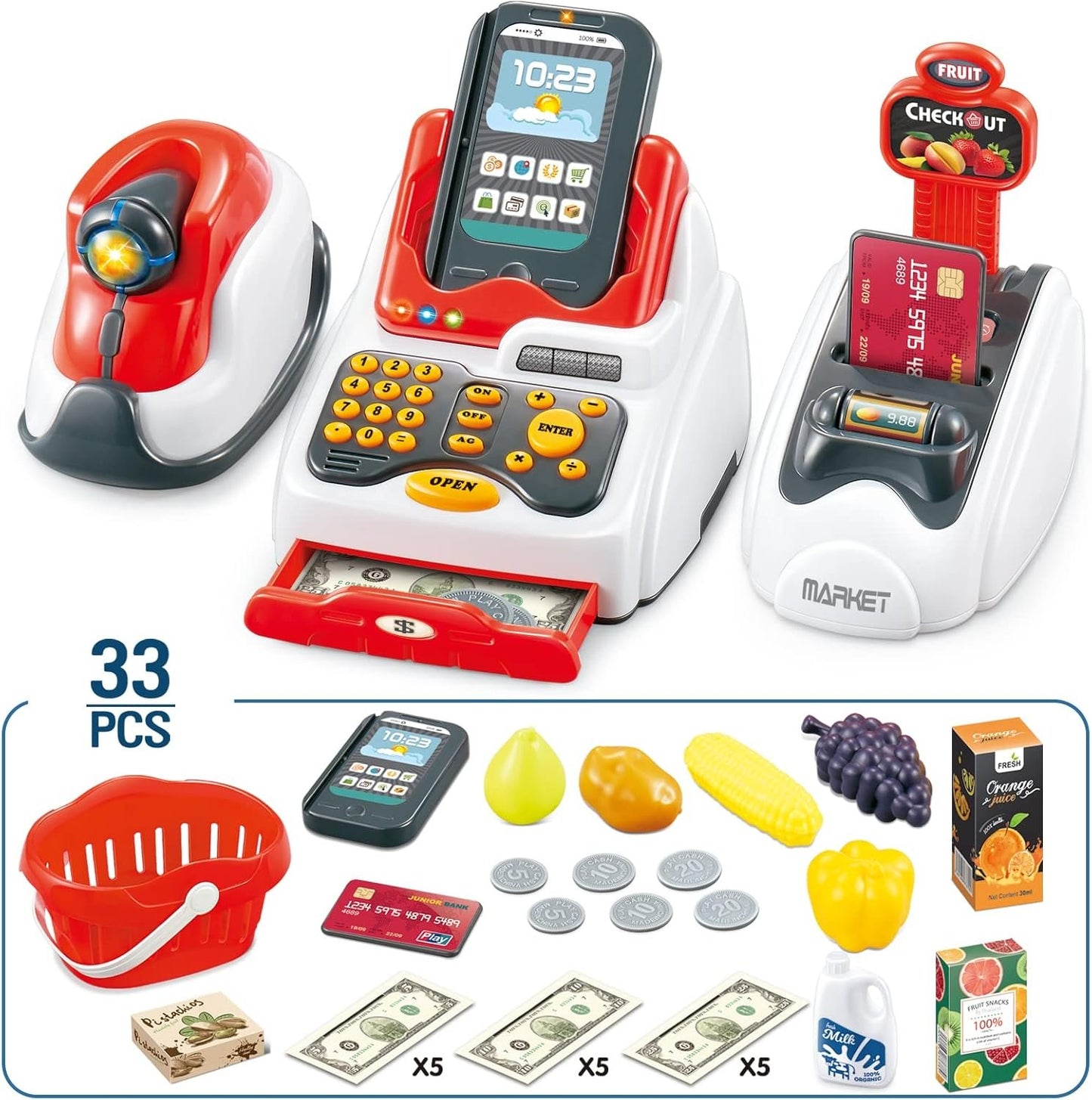 Pretend Play Cash Register Toy Role Play Shopping Cashier Playset with Scanner Card Machine Toy Foods Fruits 33pcs Set Funtional Checkout Game Educational Toy for Kids Birthday