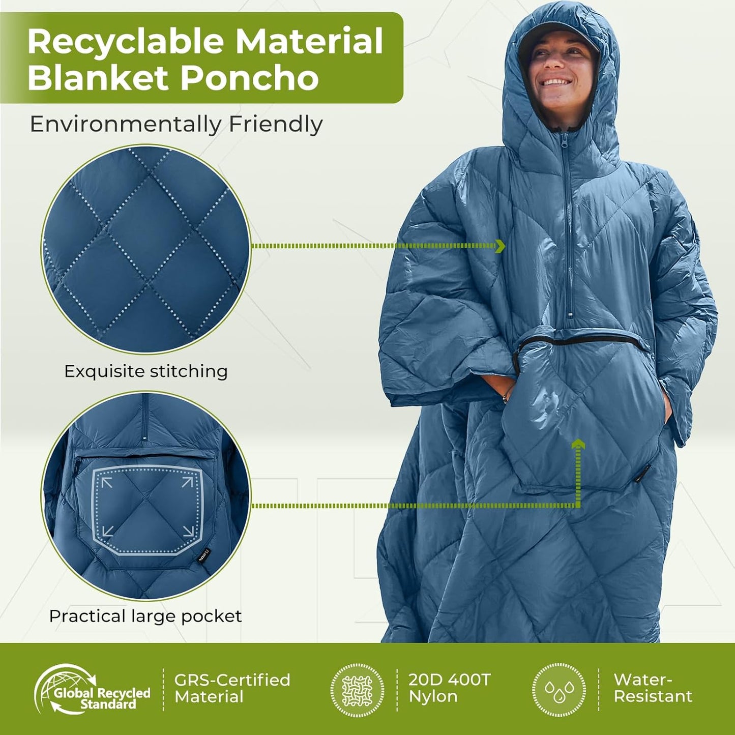 ATEPA Honcho Poncho Wearable Hoodie Blanket Warm Blanket Water-resisitant Sleeping Bag Cloak Cape with Hat for Adult