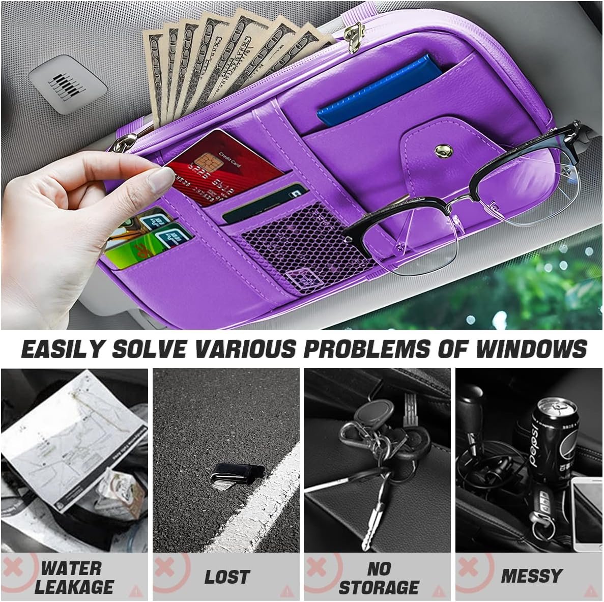 Car Sun Visor Organizer, Sunglass Holder and Storage Pocket, Card Cash Pouch with Multi-Pocket Net Zipper, Case Bag for License Pen Key, Auto Interior Accessories for Truck, SUV, Van (Purple)