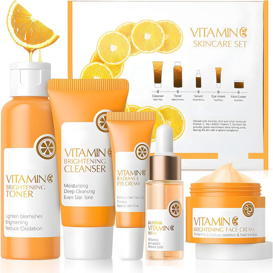 Vitamin C Skin Care Kit, 5 Piece Skincare Kit with Vitamin C Cream, Cleanser, Eye Cream, Serum, Tonic, Full Face Skincare Kit for Radiant Skin