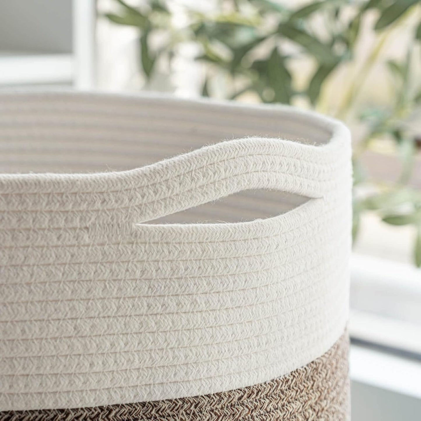 INDRESSME Large Cotton Rope Storage Basket - Woven Blanket Basket in Living Room Pillows Storage Bins with Handles for Toys Plant Basket Home Decor Warm Mix Brown White, 15.8"x15.8"x13.8"