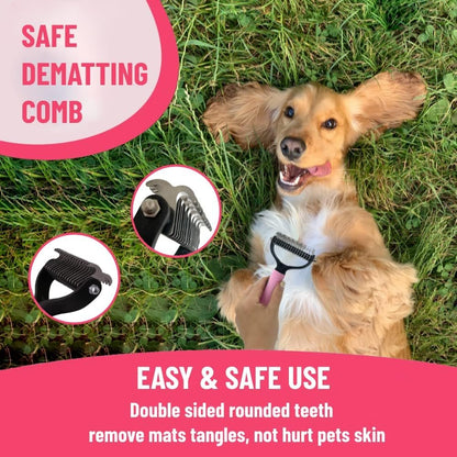 Dog Grooming Brush Shedding Kit - Dog Brush for Long Haired Dogs Short Haired Dogs, Dematting Comb for Dogs, Cat Hair Brush, Shedding and Flea Comb Kit Pink