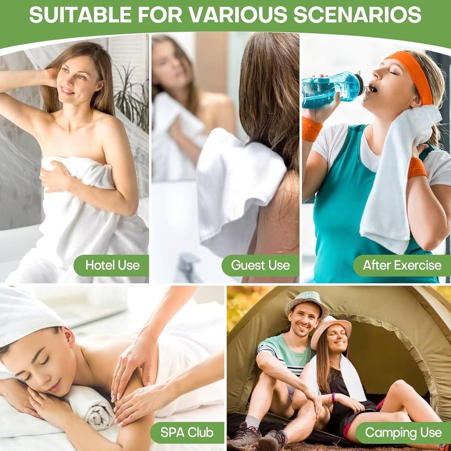 Fancyou Compressed Towel Tablets Large - 100% Cotton Disposable Bath Towels for Travel - 55 in x 27.5 in Travel Cleaning Kit for Hotels Camping Hiking Sports Beach Swimming Vacation [5 Pack Green]