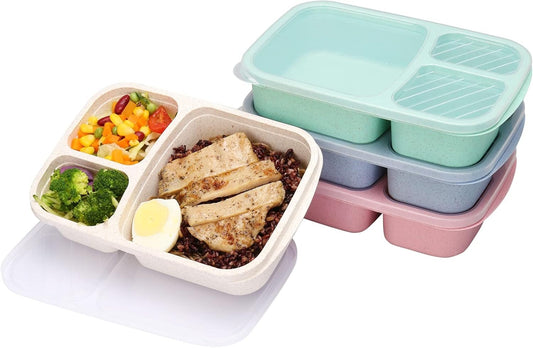 4 Pack Bento Lunch Box 3 Compartment Lunch Containers for Kids,BPA Free Plastic Divided Food Meal Prep Containers Reusable,for Schools,Work and Travel