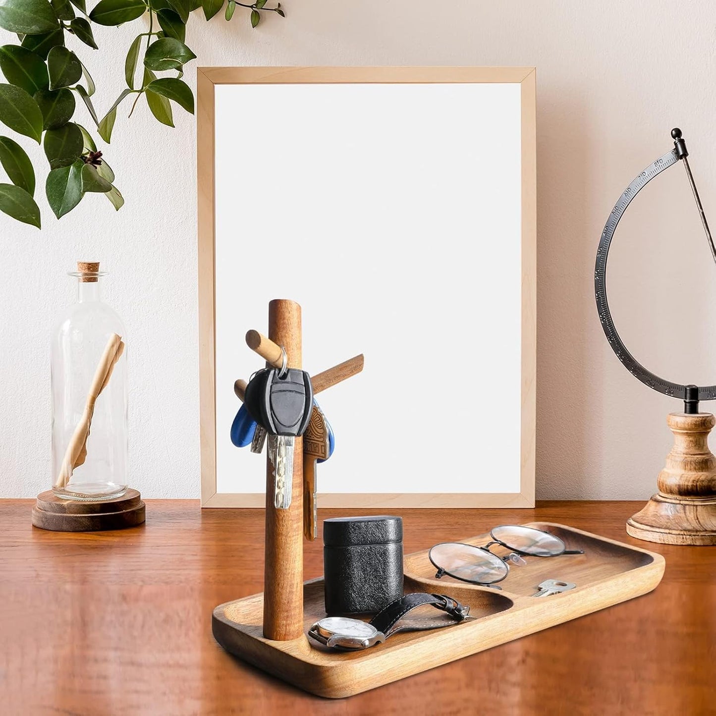 Acacia Wood Key Tray for Entryway Table - Jewelry, Ring, Phone, Bracelet & Watch Organizer with 3 Hanging Stands - Modern Catchall Tray for Home Organization