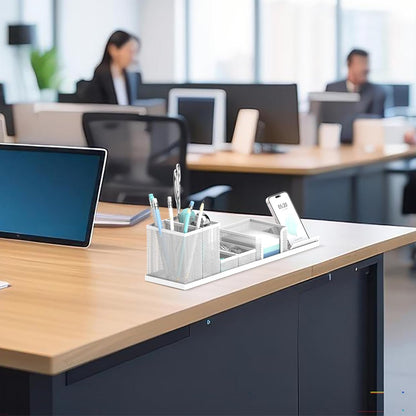 SUPEASY Desk Organizers and Accessories for Office Supplies Organization with 6 Compartments, Desk Organizer with Phone Holder, Pen Holder, Sticky Note Tray, White