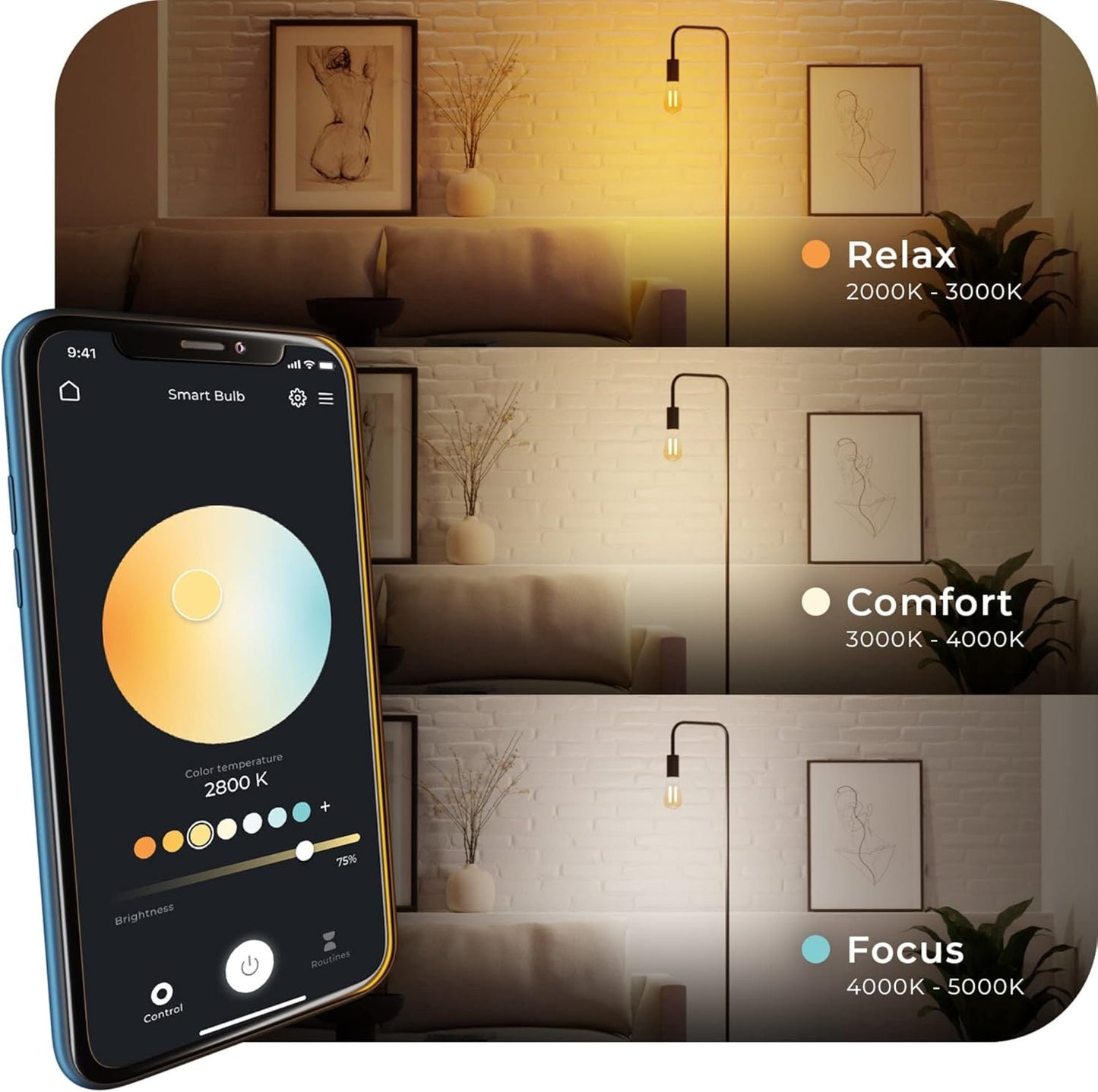 Globe Electric 34919 Wi-Fi Smart 5.5W (60W Equivalent) Straight Filament Tunable White Amber Glass LED Light Bulb, No Hub Required, Voice Activated, 2000K - 5000K, Vintage Edison Style, E26 Base