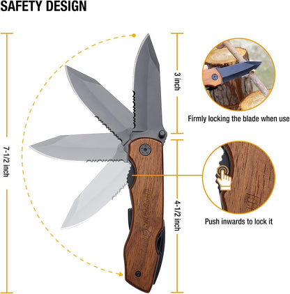 DURATECH 9-in-1 Multitool with Safety Locking, Wood Handle Pocket Multi Tool with Pliers Knife Bottle Opener Screwdriver Saw for Outdoor, Survival, Camping Hunting, Fishing and Hiking